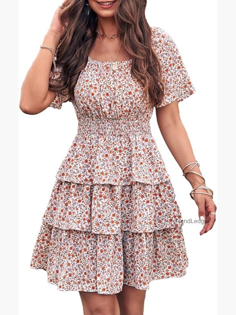 Square Neck Floral Tiered Ruffle Swing Dress